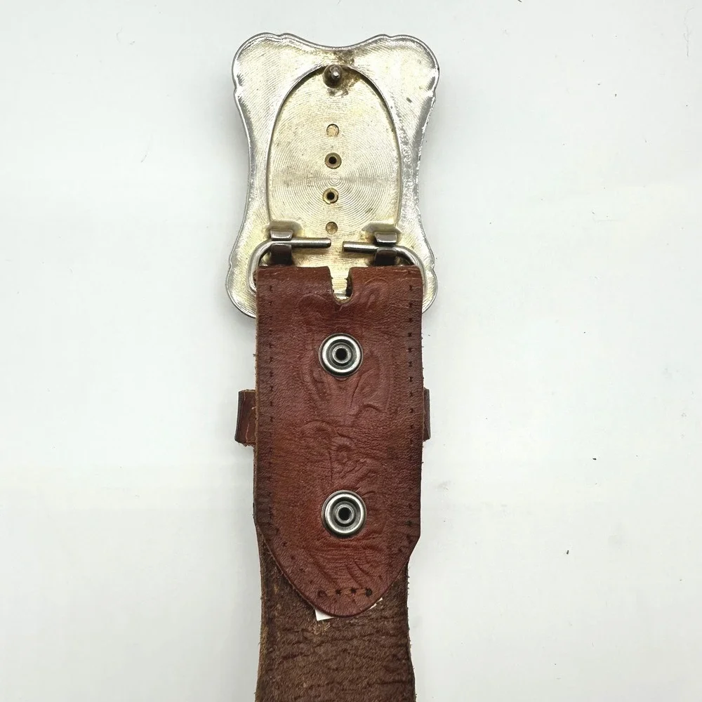 Vintage Western Embossed Leather Cowboy Belt Agate Stone Trophy Buckle Brown 34
